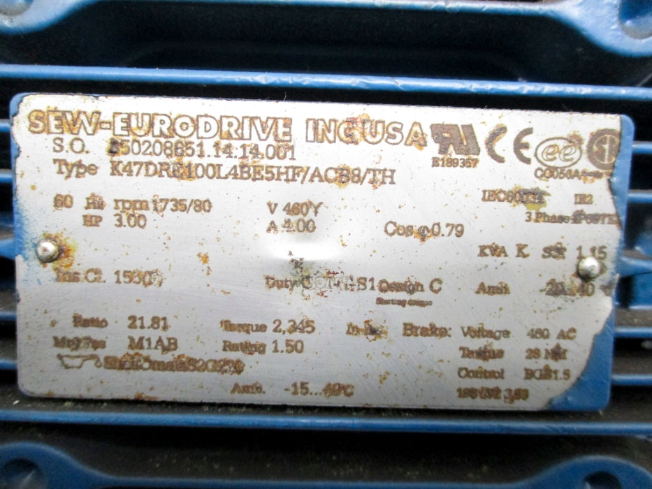 SEW EURODRIVE K47DRN100L4/BE5HF/ACB8/TH UNMP