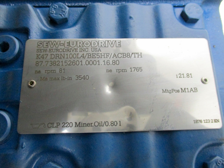 SEW EURODRIVE K47DRN100L4/BE5HF/ACB8/TH UNMP