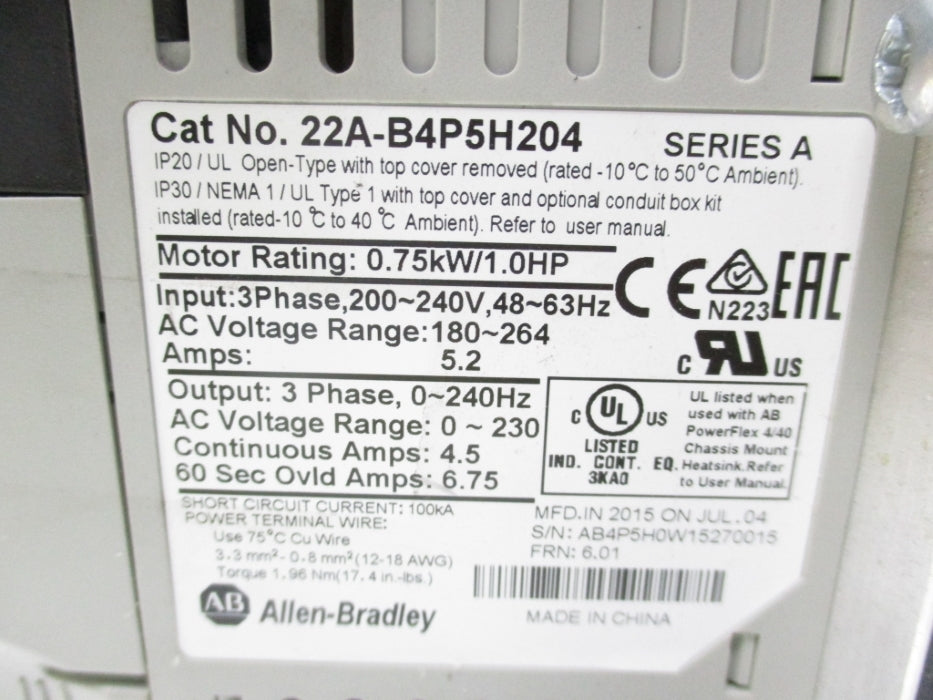 ALLEN BRADLEY 22A-B4P5F104 SER. A NSMP