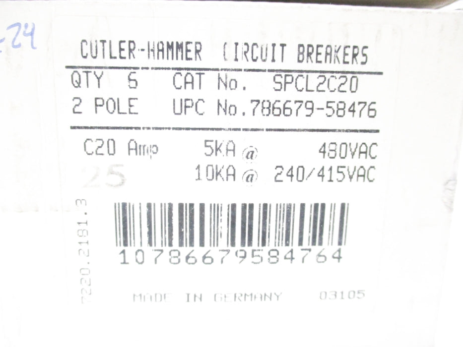 CUTLER HAMMER SPCL2C20 240/415/480VAC 20A (PKG OF 6) NSMP