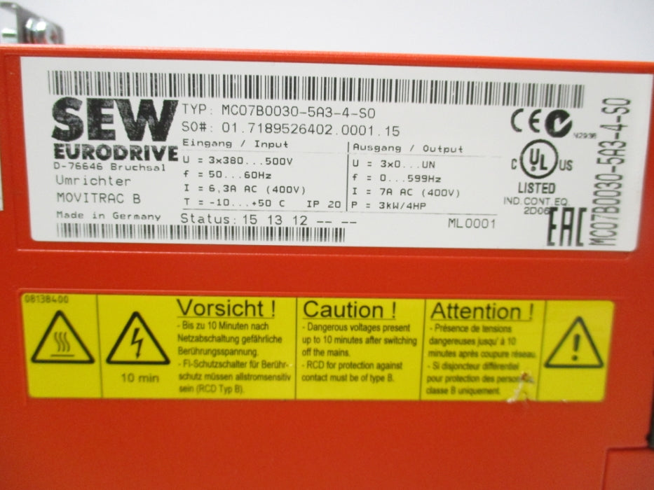 SEW EURODRIVE MC07B0030-5A3-4-S0 (AS PICTURED) UNMP