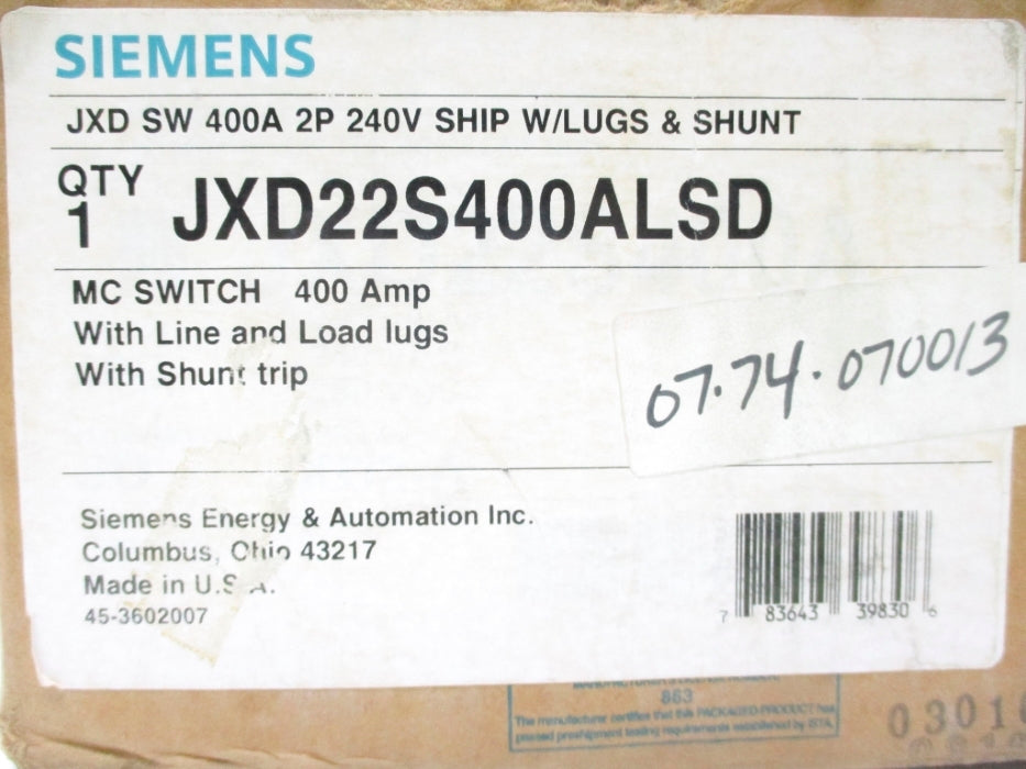 SIEMENS JXD22S400ALSD 400A 240V NSMP
