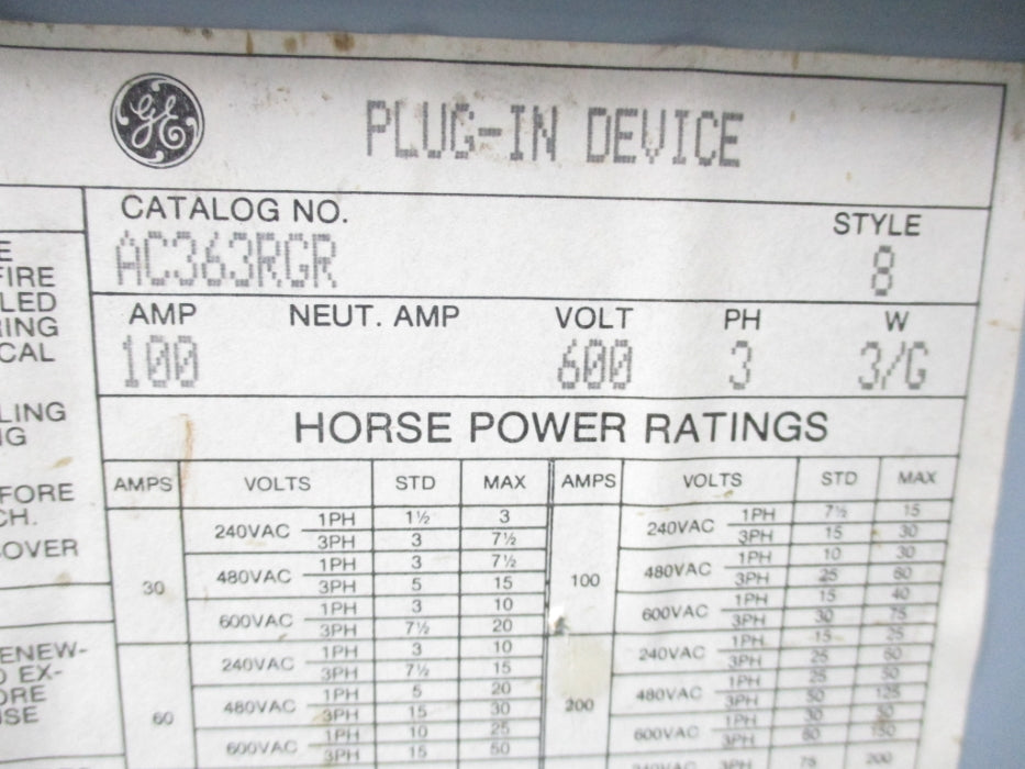GENERAL ELECTRIC AC363RGR (AS PICTURED) UNMP