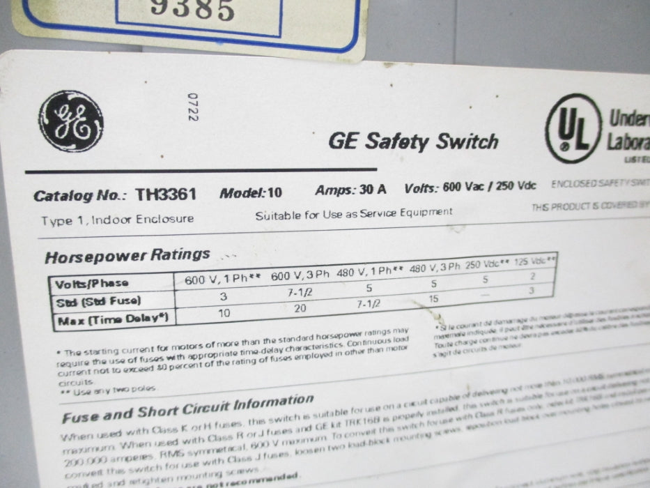 GENERAL ELECTRIC TH3361 UNMP