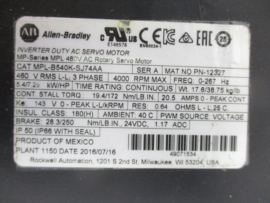ALLEN BRADLEY MPL-B540K-SJ74AA SER. A NSNP