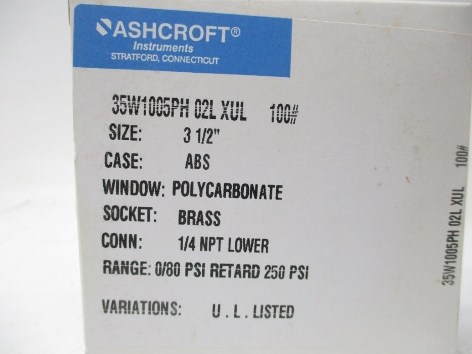 ASHCROFT 35W1005PH02LXUL100# 0/80PSI 3-1/2" NSMP