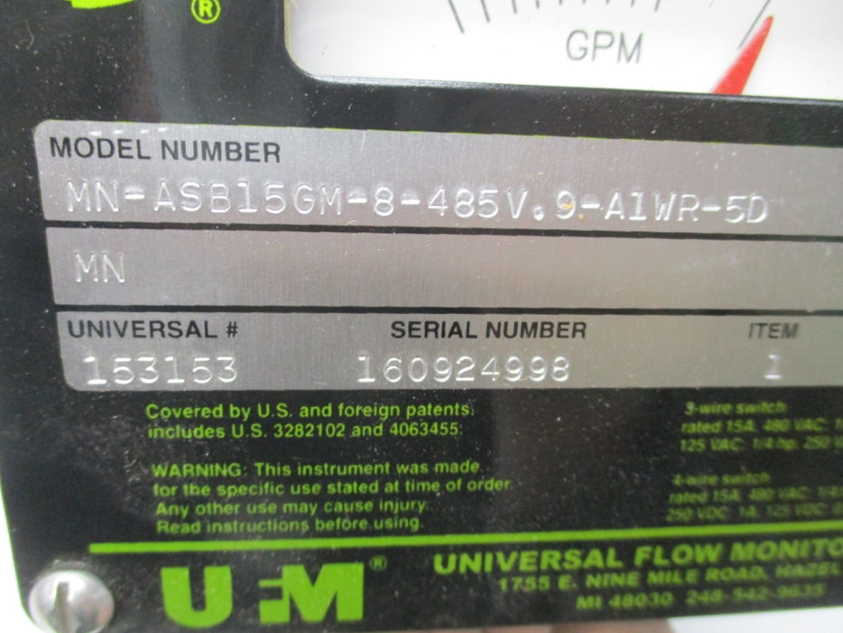 UNIVERSAL FLOW MONITORS MN-ASB15GM-8-485V.9-A1WR-5D 480VAC 15A NSNP