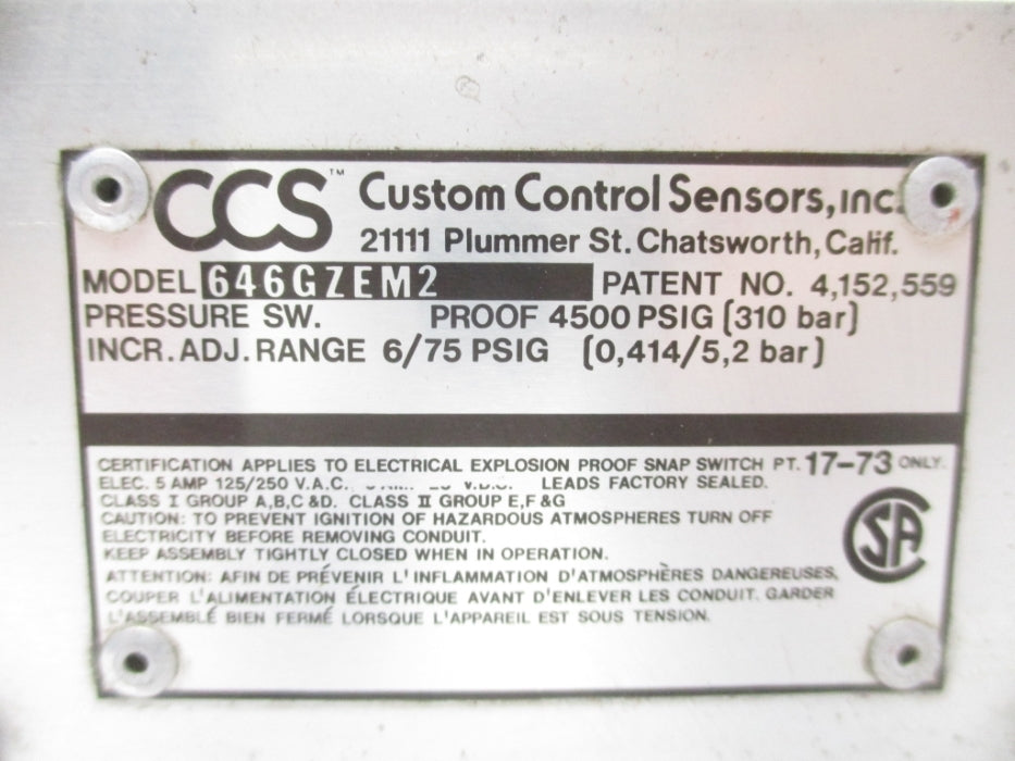 CCS 646GZEM2 6/75PSIG NSNP