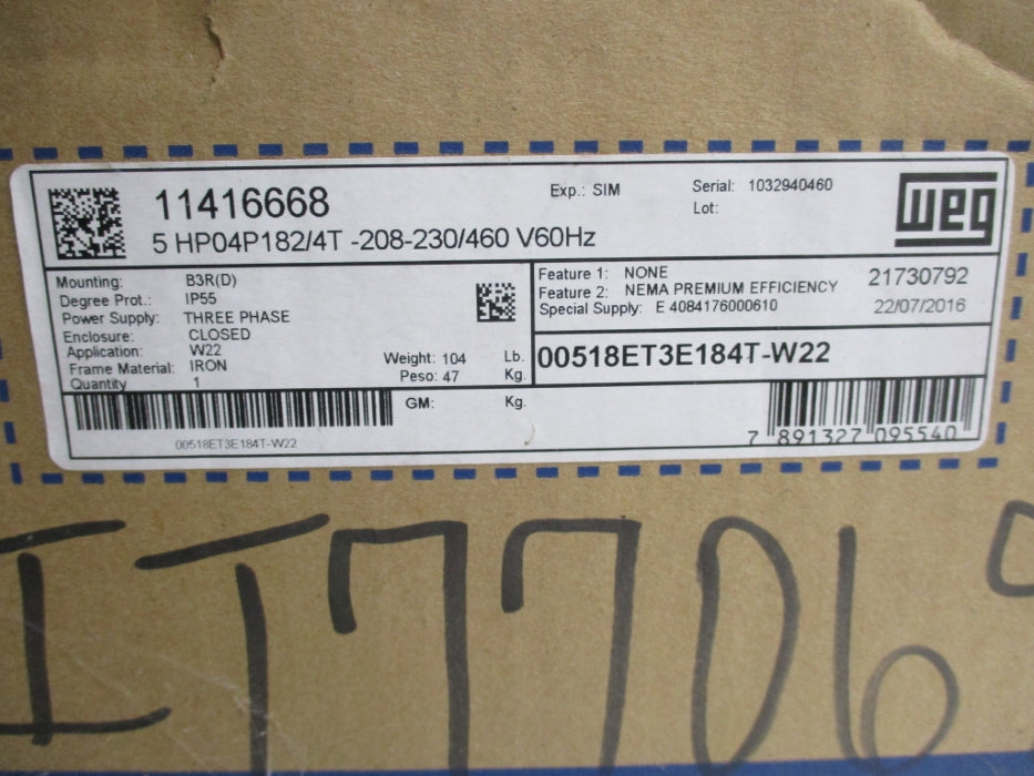 WEG 00518ET3E184T-W22 5HP04P182/4T NSFS