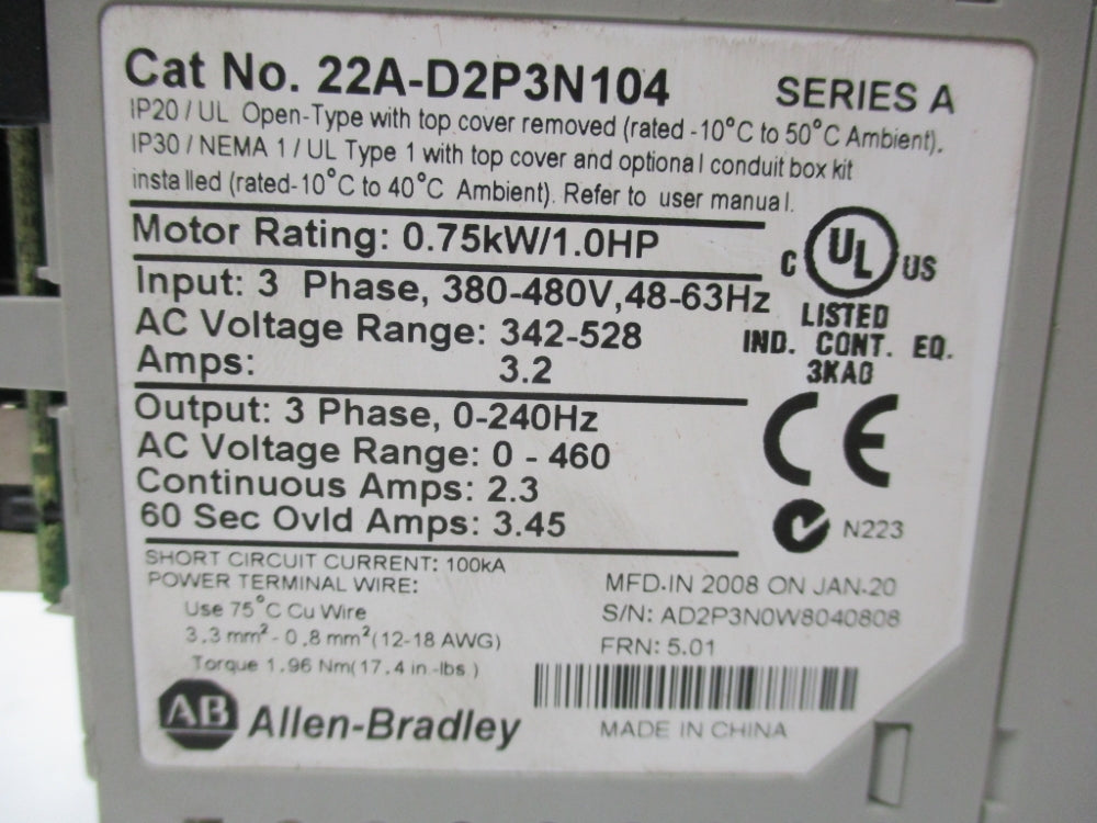 ALLEN BRADLEY 22A-D2P3N104 SER. A F/W 5.01 308-480V 3.2A UNMP