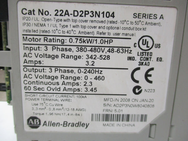 ALLEN BRADLEY 22A-D2P3N104 SER. A F/W 5.01 308-480V 3.2A UNMP