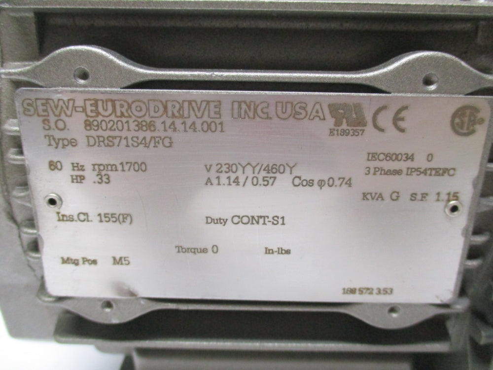 SEW EURODRIVE DRS71S4/FG 230/460V 1.14/0.57A NSNP