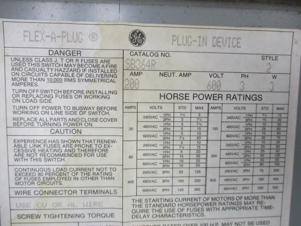 GENERAL ELECTRIC SB364R UNMP