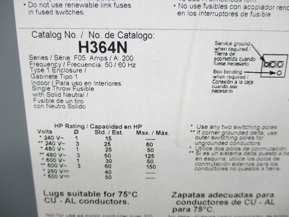 SQUARE D H364 SER. E1 600VAC 200A UNMP