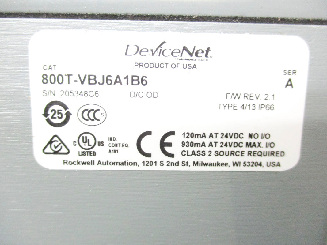 ALLEN BRADLEY 800T-VBJ6A1B6 SER. A F/W 2.1 (BR/WH) NSMP