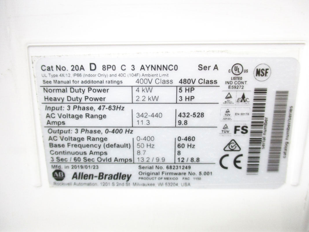 ALLEN BRADLEY 20AD8P0C3AYNNNC0 SER. A F/W 5.001 NSNP
