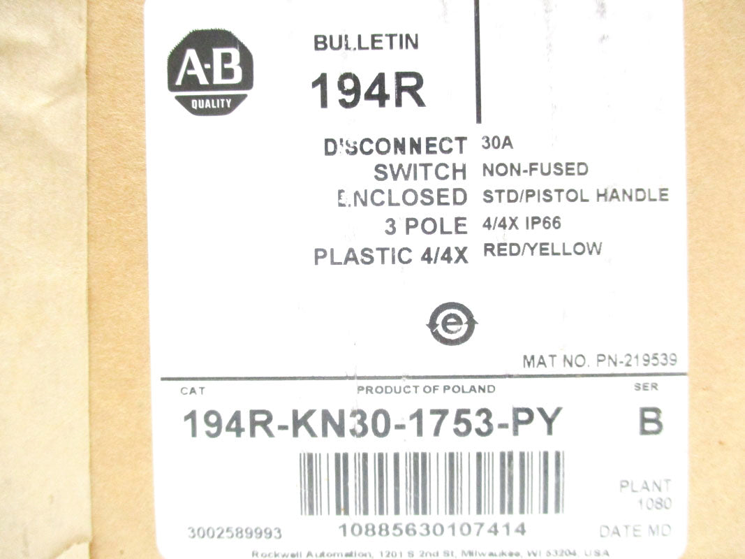 ALLEN BRADLEY 194R-KN30-1753-PY SER. B 30A NSMP