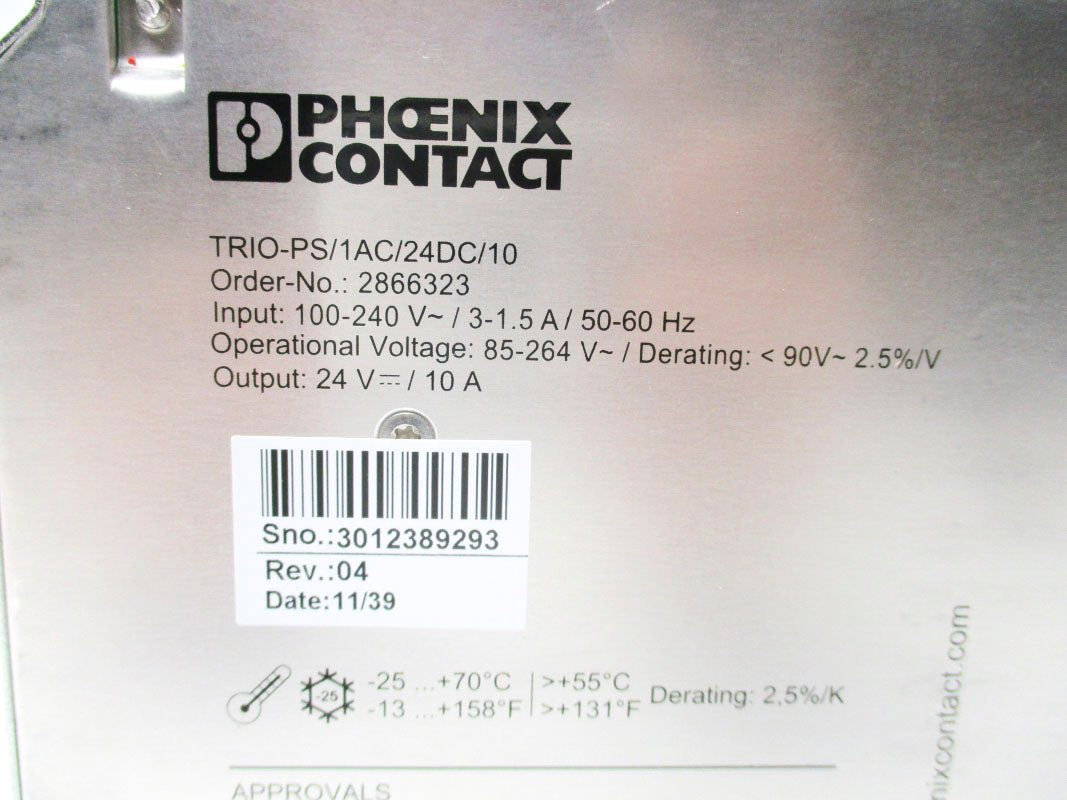 PHOENIX CONTACT TRIO-PS/1AC/24DC/10 2866323 100-240VAC 1.5-3A NSMP