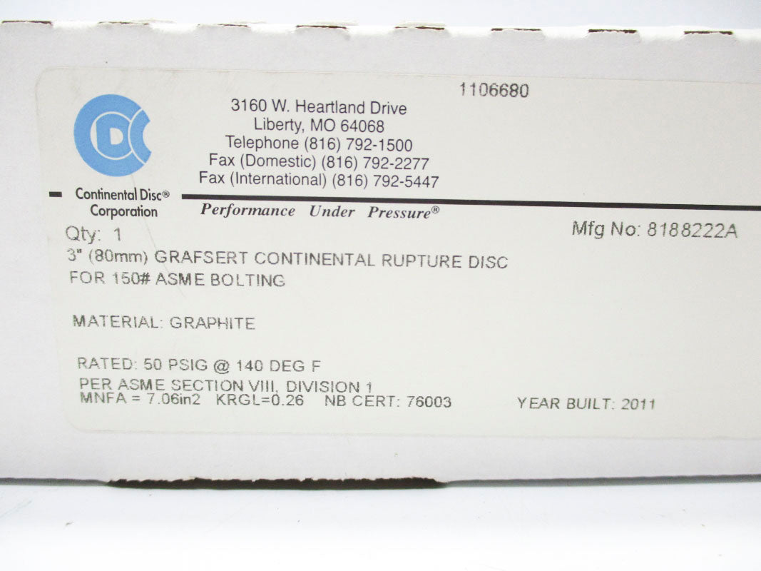 CONTINENTAL DISC 8188222A 50PSI 140'F NSMP