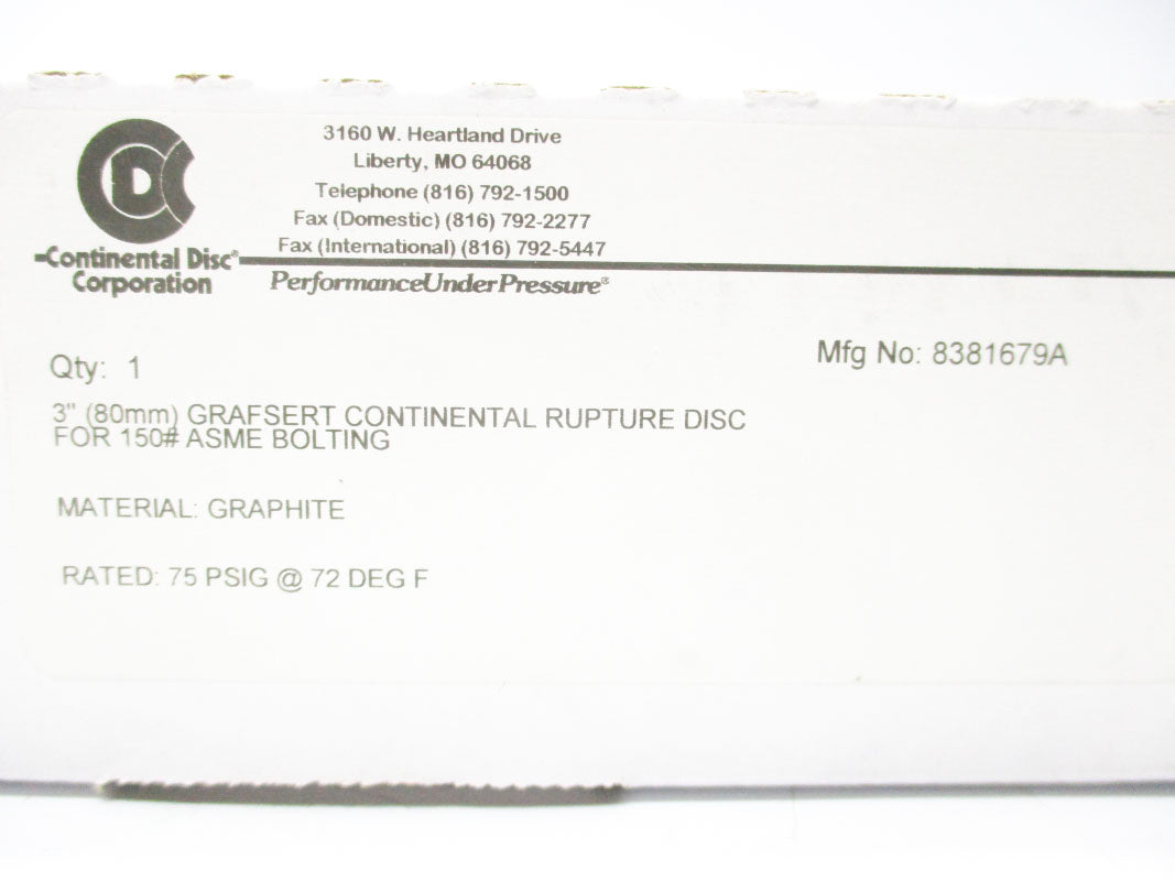 CONTINENTAL DISC 8381679A 75PSI 72'F NSMP