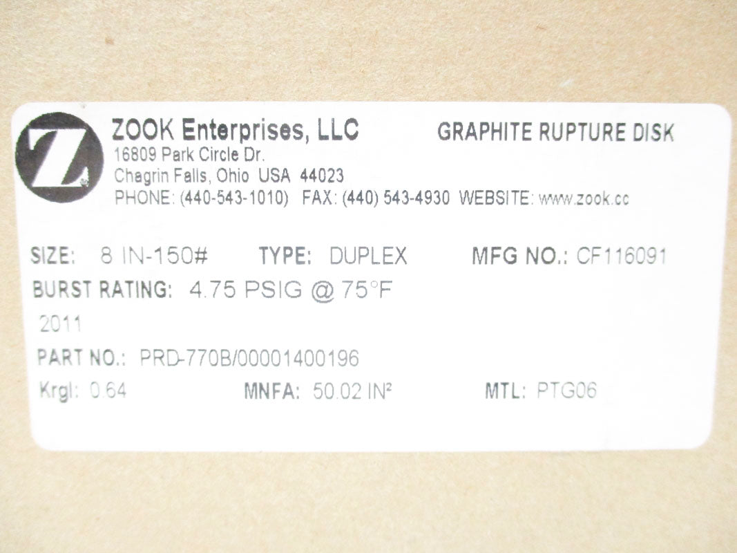 ZOOK ENTERPRISES CF116091 PRD-770B/00001400196 4.75PSI 75'F NSMP