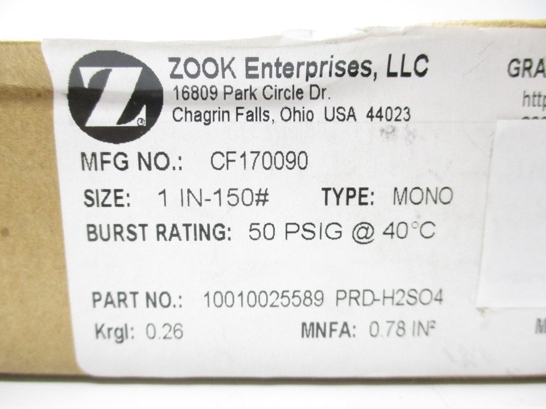 ZOOK ENTERPRISES CF170090 10010025589-PRD-H2SO4 50PSI 40'C NSMP