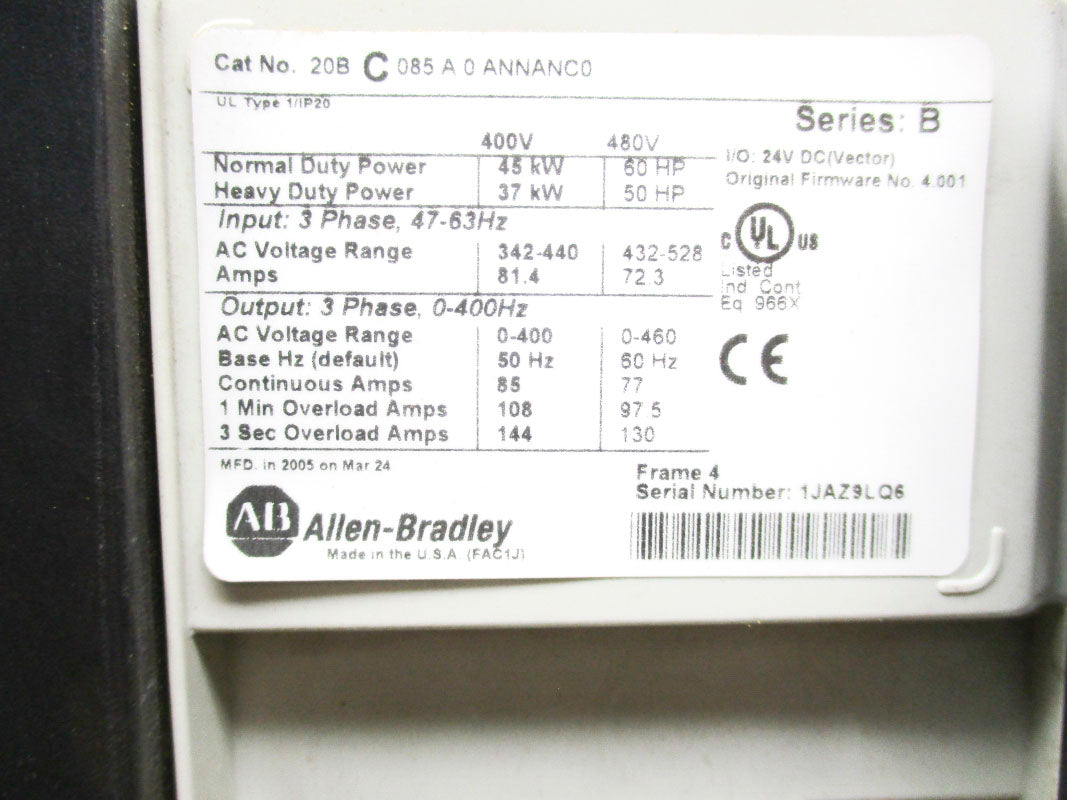 ALLEN BRADLEY 20BC085A0ANNANC0 SER. B F/W 4.001 400/480V UNMP