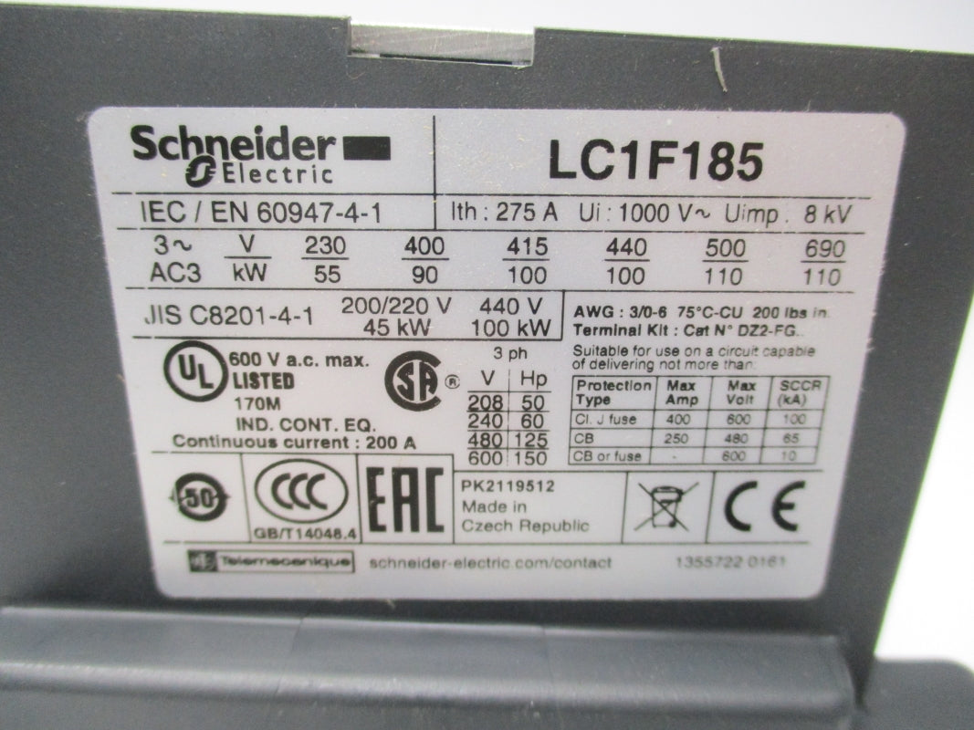 SCHNEIDER ELECTRIC LC1F185 1000V 275A (AS PICTURED) NSNP