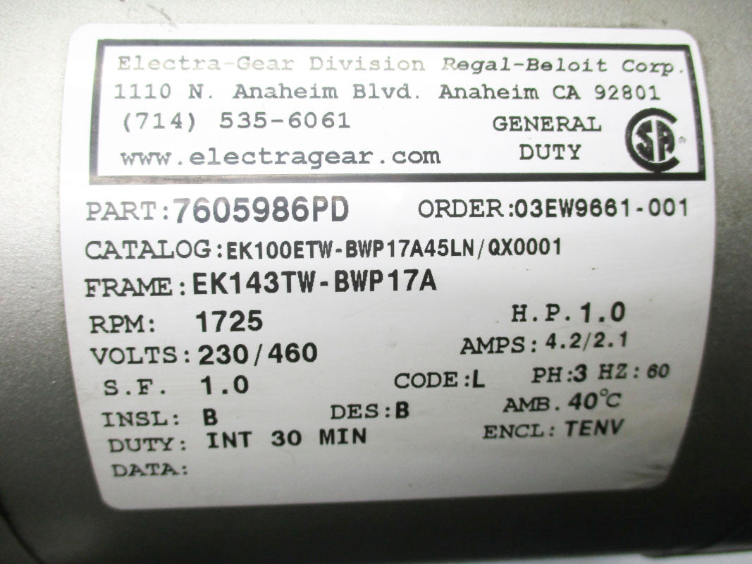 ELECTRAGEAR EK100ETW-BWP17A45LN/QX0001 W/ 4-61003-530R1 230/460V 4.2A NSNP