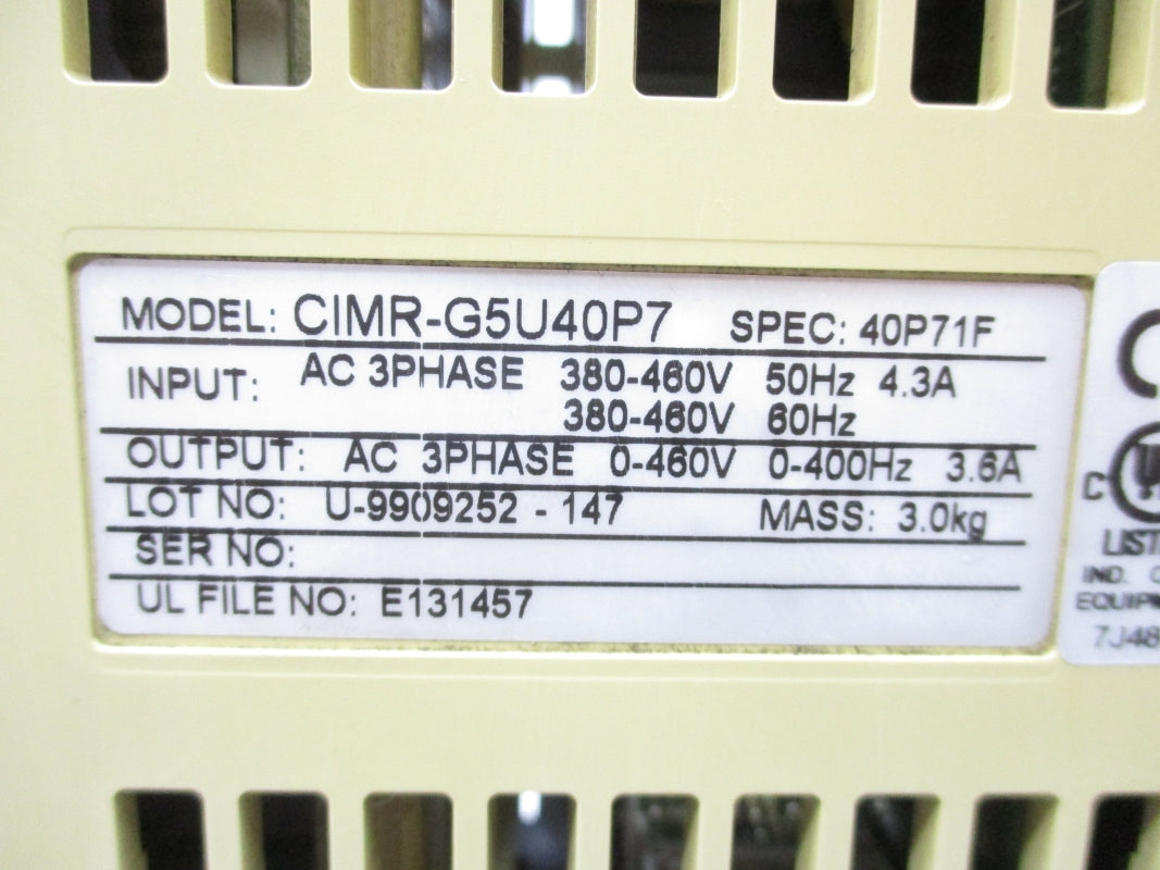 ELECTROMOTIVE SYSTEMS CIMR-G5U40P7 380-460V 4.3A (AS PICTURED) UNMP