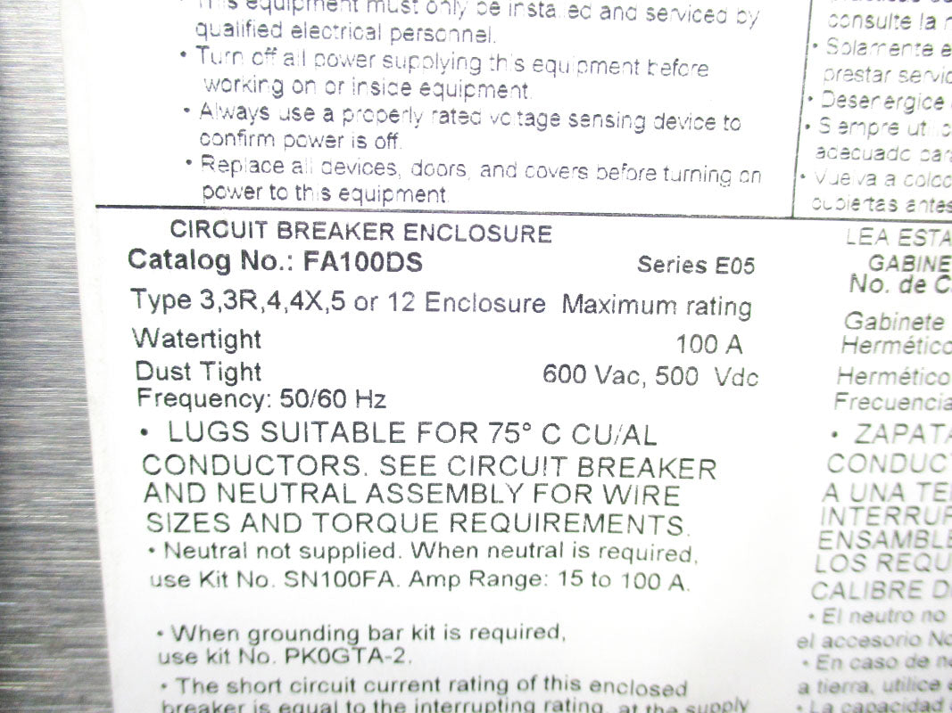 SQUARE D FA100DS SER. E05 600VAC 100A NSNP