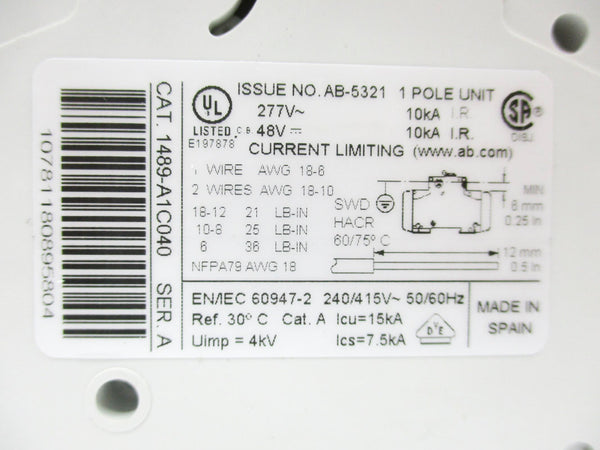 ALLEN BRADLEY 1489-A1C040 SER. A 277VAC 4A NSMP