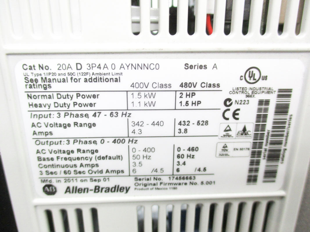 ALLEN BRADLEY 20AD3P4A0AYNNNCO SER. A F/W 5.001 400-480V 4.3A (AS PICTURED) NSNP