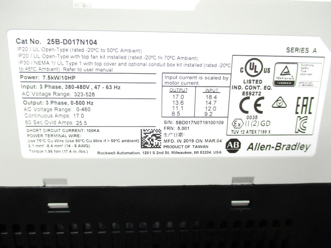 ALLEN BRADLEY 25B-D017N104 SER. A F/W 5.001 323-528V 25.5A NSMP