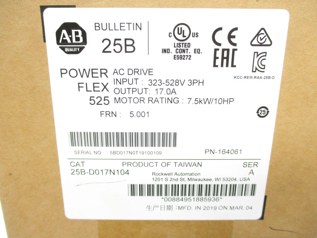 ALLEN BRADLEY 25B-D017N104 SER. A F/W 5.001 323-528V 25.5A NSMP
