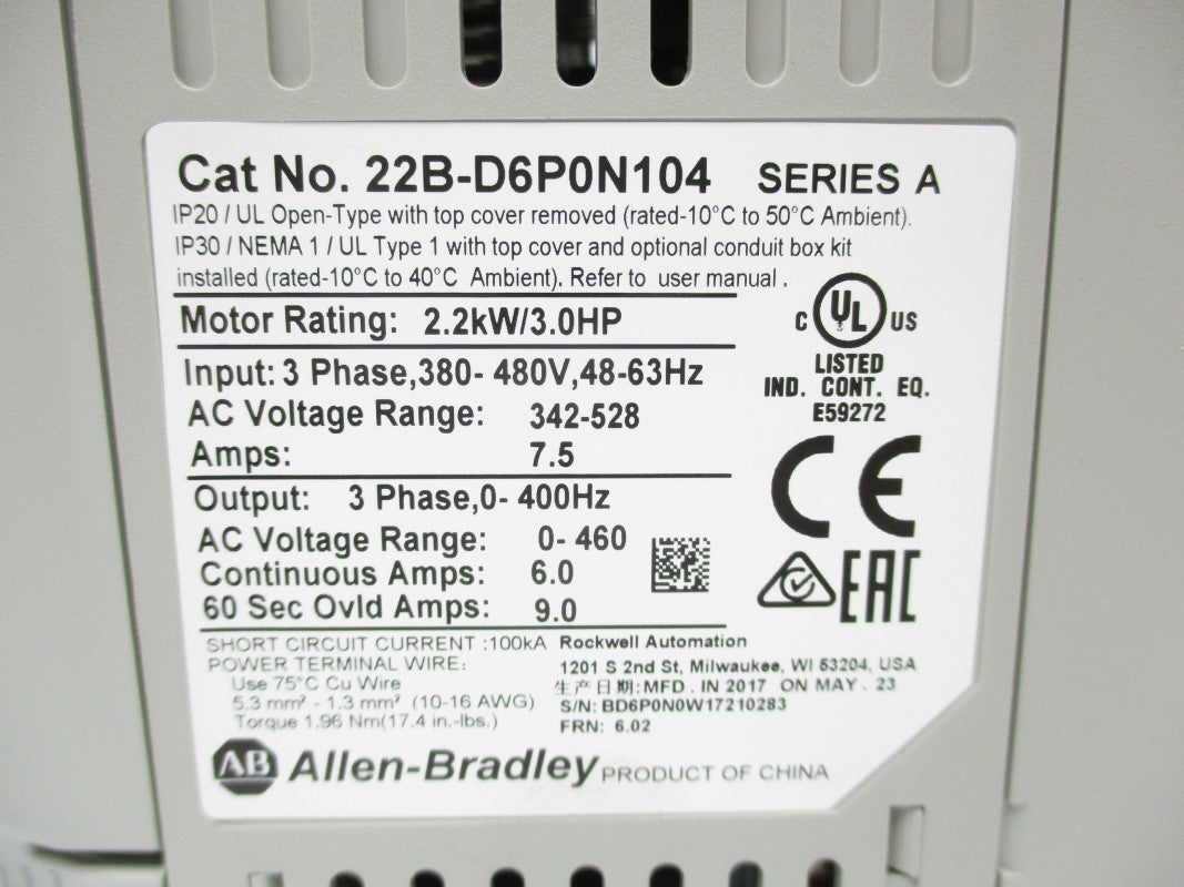 ALLEN BRADLEY 22B-D6P0N104 SER. A F/W 6.02 380-480V 7.5A NSMP