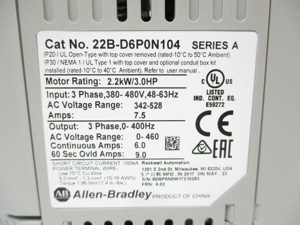 ALLEN BRADLEY 22B-D6P0N104 SER. A F/W 6.02 380-480V 7.5A NSMP