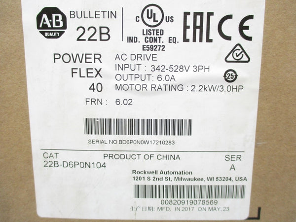 ALLEN BRADLEY 22B-D6P0N104 SER. A F/W 6.02 380-480V 7.5A NSMP