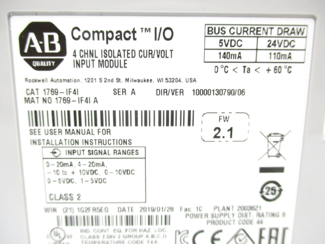 ALLEN BRADLEY 1769-IF4I SER. A 24VDC F/W 2.1 NSMP