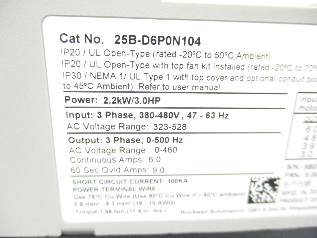 ALLEN BRADLEY 25B-D6P0N104 SER. A F/W 5.002 323-528V 9.0A NSMP