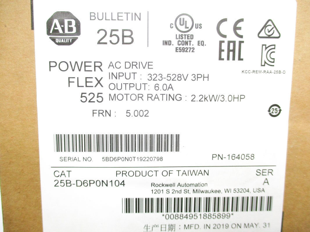 ALLEN BRADLEY 25B-D6P0N104 SER. A F/W 5.002 323-528V 9.0A NSMP