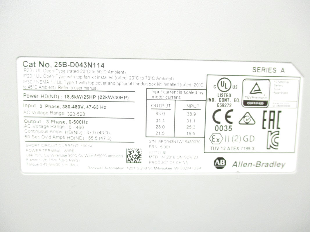 ALLEN BRADLEY 25B-D043N114 SER. A F/W 5.001 325-528V 55.5A UNMP