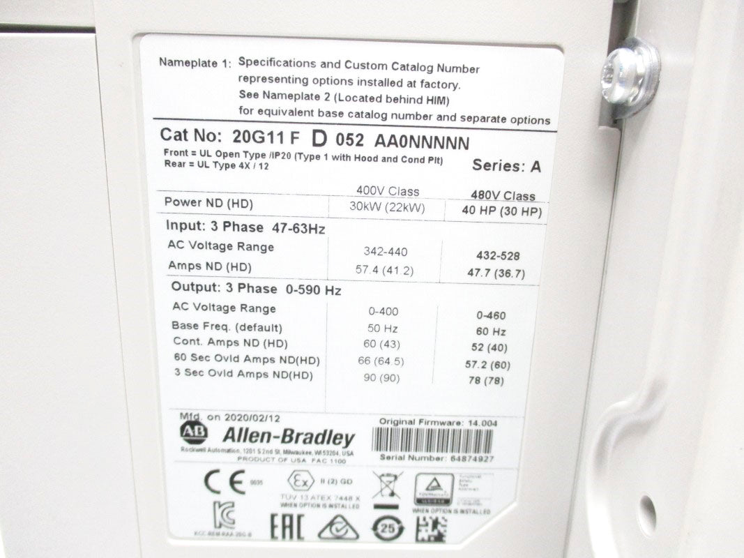 ALLEN BRADLEY 20G11FD052AA0NNNNN SER. A 480VAC 52A F/W 14.004 NSMP