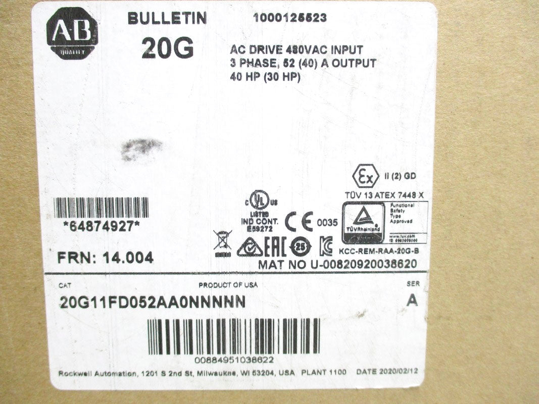 ALLEN BRADLEY 20G11FD052AA0NNNNN SER. A 480VAC 52A F/W 14.004 NSMP