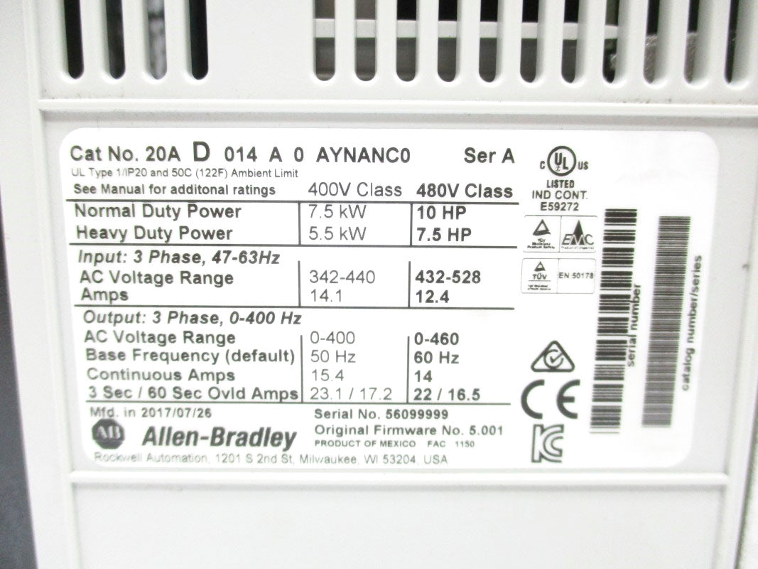 ALLEN BRADLEY 20AD014A0AYNANC0 SER. A F/W 5.001 432-528VAC 14.1A NSNP
