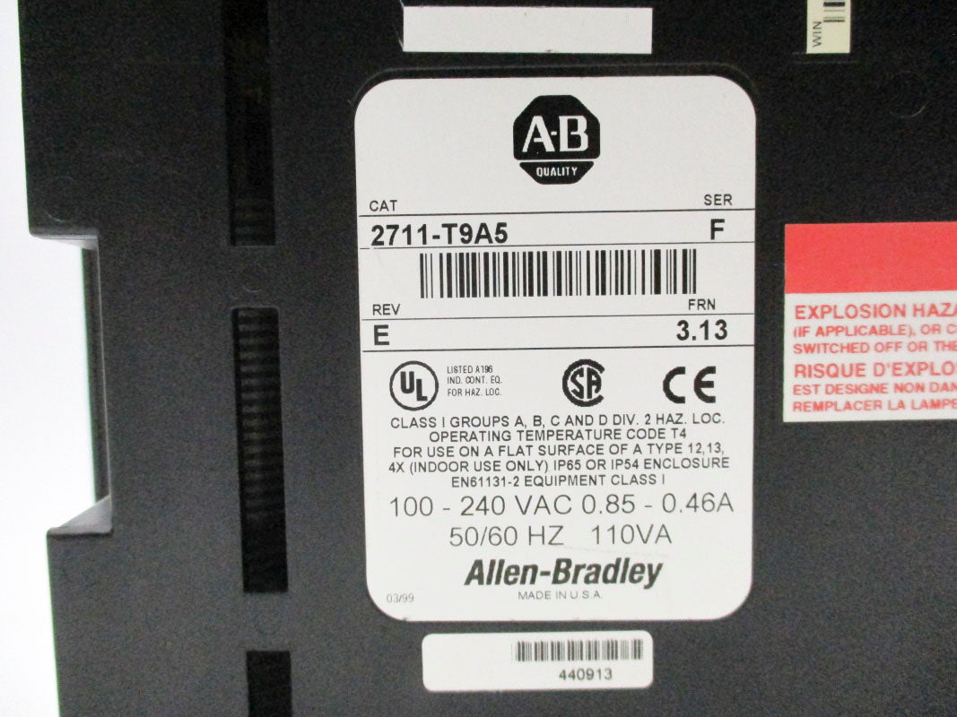 ALLEN BRADLEY 2711-T9A5 SER. F F/W 3.13 100-240VAC 0.85-0.46A NSNP