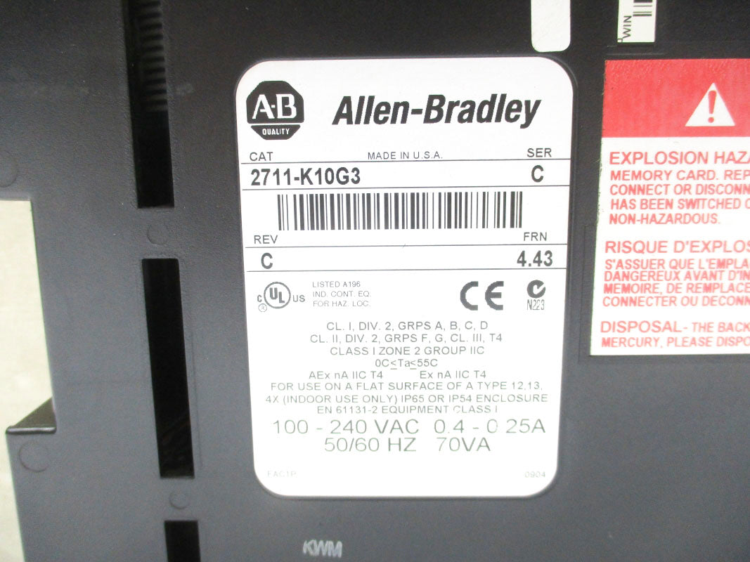 ALLEN BRADLEY 2711-K10G3 SER. C F/W 4.43 100-240VAC 0.4-0.25A NSNP