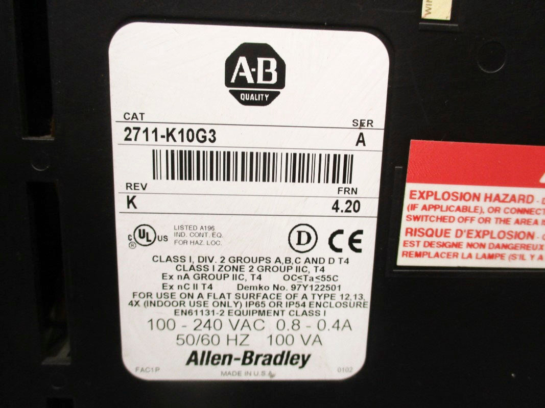 ALLEN BRADLEY 2711-K10G3 SER. A F/W 4.20 100-240VAC 0.8-0.4A UNMP