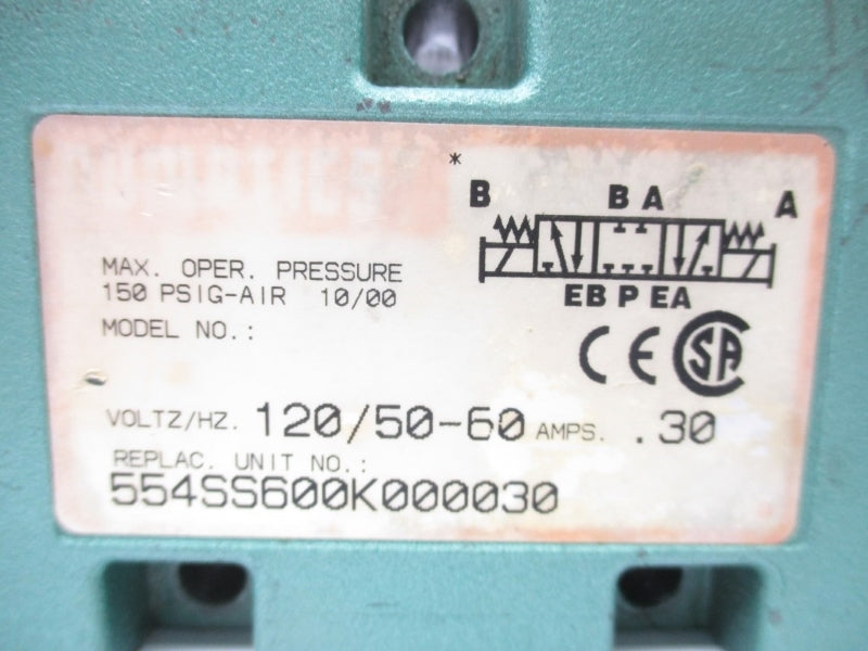 NUMATICS 554SS600K000030 120V .30A 150PSI (AS PICTURED) UNMP