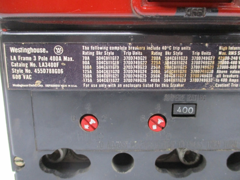 WESTINGHOUSE LA3400 600VAC 400A (AS PICTURED) UNMP